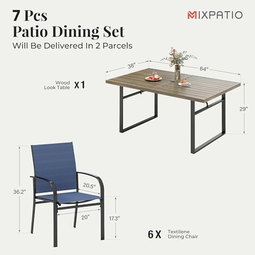 Image of MIXPATIO 7-Piece Outdoor Dining Set 6 Blue Textilene Chairs and Steel Tabletop with Wood Grain Rectangle Table for Deck Garden Backyard Lawn Poolside