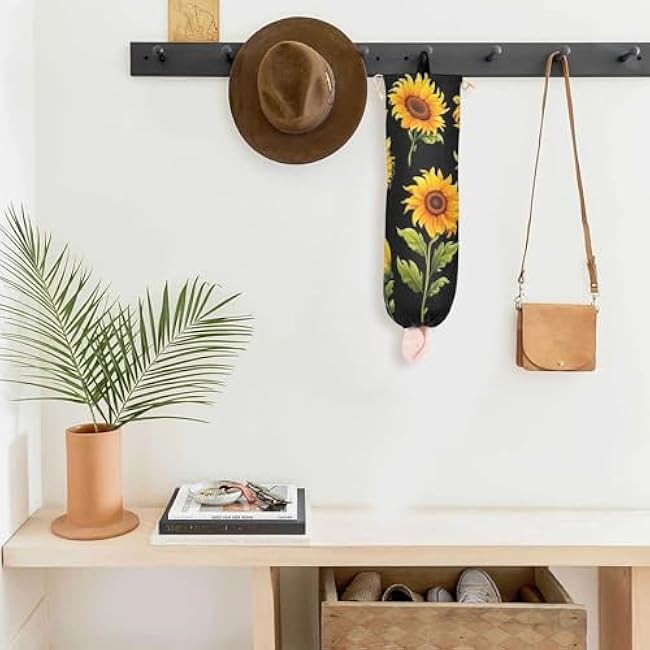 RunningBear Flowers Black Sunflowers Plastic Bag Holder Large Grocery Bag Holder Wall Mount Plastic Bag Holders Plastic Bag Organizer Dispenser for Kitchen Closet,1 Pack
