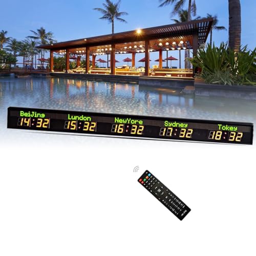 FHSLKXIM Orologio Mondiale, Orologio Digitale A LED con 5 Città, Nome della Città Verde E Ora Rossa, Adatto per Hotel, Aeroporti Internazionali E Aziende Multinazionali.