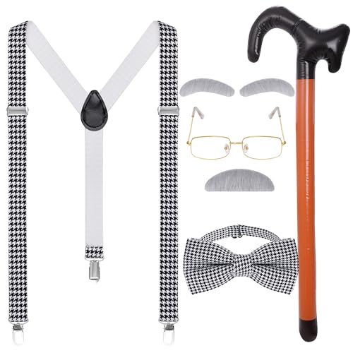 Dxhycc Kids Old Man Costume Grandpa Dress Up Accessories Glasses Suspenders Bow Tie Inflatable Cane Moustache and Eyebrows Set
