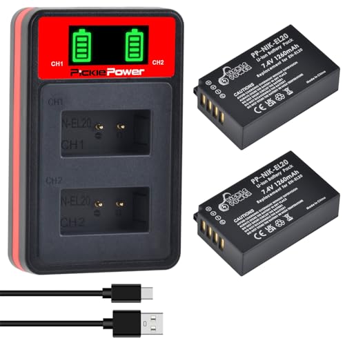 Pickle Power EN-EL20 EN-EL20a Lot de 2 Batteries et Chargeur USB LED pour Appareil Photo Nikon Coolpix P1000, P950, DL24-500, Coolpix A, 1 AW1, 1 J1, 1 J2, 1...