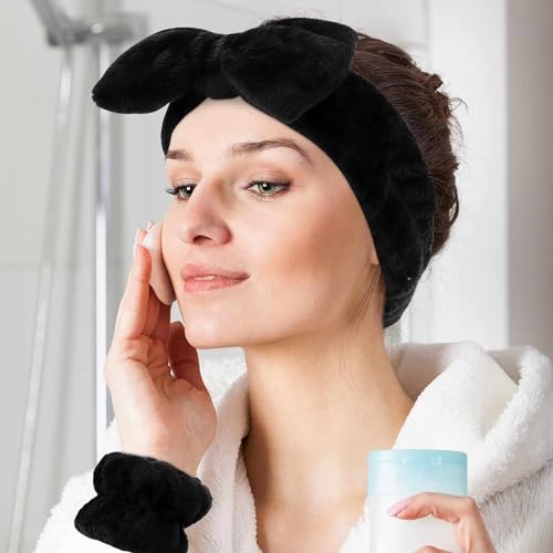 IMAXWAVE Kit de Spa para Cuidado Facial: Diadema Suave en Forma de Lazo y Muñequeras Absorbentes para Maquillaje y Tratamientos de Belleza, Ideal para Rutinas Diarias y Spa en Casa - Negro - imagen 5