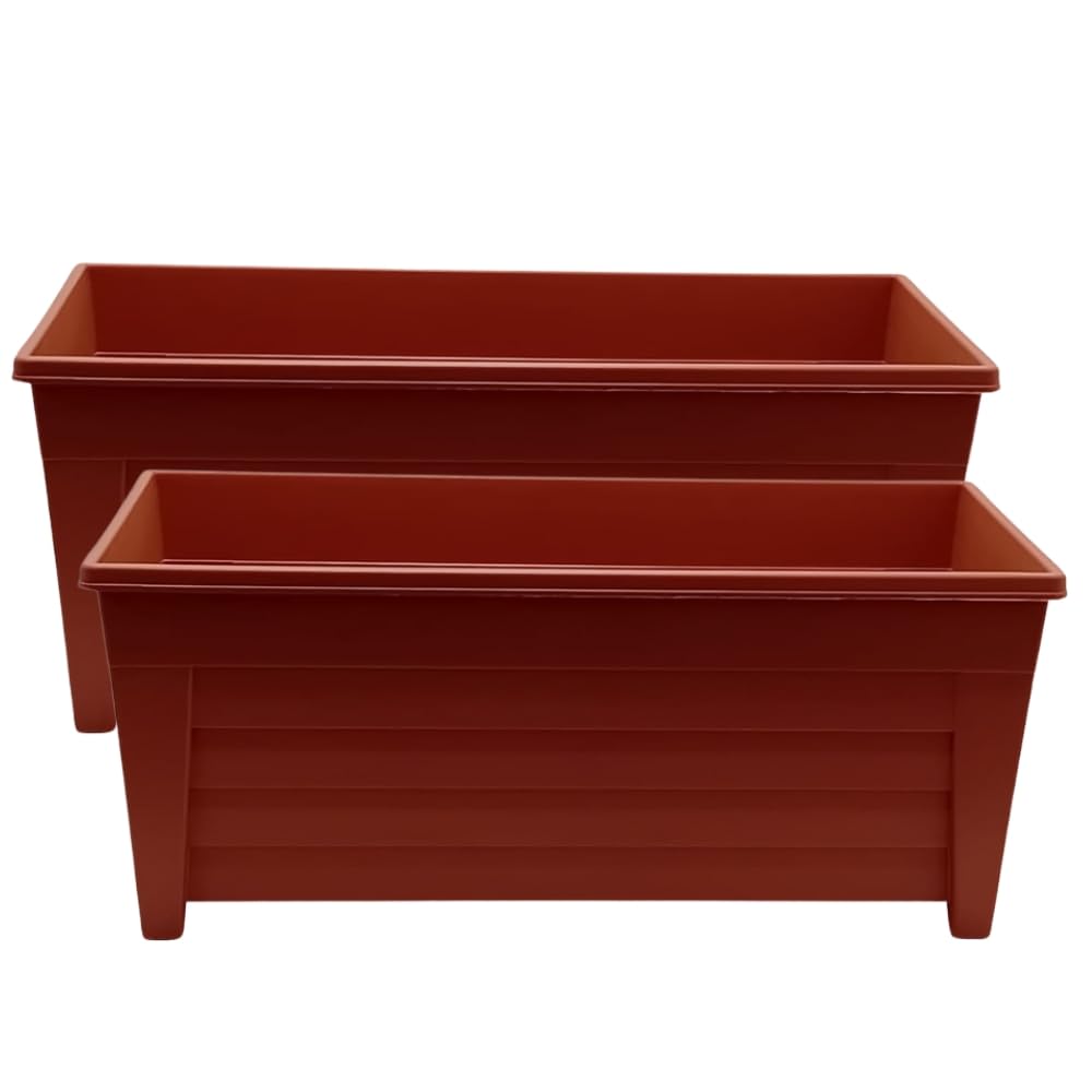 ALEEZ 55cm Long Trough Window Plant Pot - Plastic Planter Pot - Indoor Outdoor Home Garden Flower Pots - Garden Window Herb Flower Box - Optional Drainage Hole (2, Terracotta)