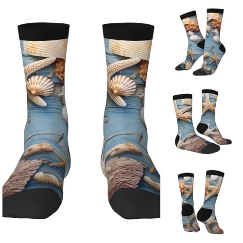 LZQPOEAS Shell Starfish Pattern Athletic Socks Unisex Cushioned Crew Socks Hiking Running Calf Sock Soft Above Ankle Sock