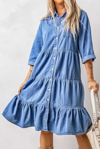 utcoco Womens Button Down Denim Dress Casual Loose Fit Cuffed Sleeve Ruffled Jean Dresses for Women 2025(no Belt)4