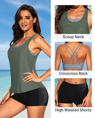 Image of Tempt Me 3 Piece Tankini Swimsuits for Women Athletic Bathing Suits Swim Tank Top with Boy Shorts and Bra Modest Swimwear