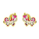 Estuche Regalo Pendientes Oro Niña Unicornio Esmaltado (9kts)