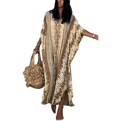 YouKD Summer Floral Long Kaftan Bohemian Loungewear Beach Swimsuit Cover Up Maxi Robe for Women Beige Cover