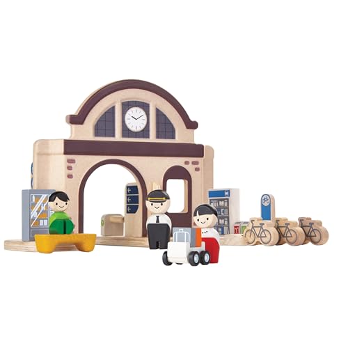 Image of PlanToys Wooden Train Station Pretend Play Set for Kids | Montessori Transportation and Travel Imagination Toy | Eco Friendly Wooden Train Station Playset for Creative Role Play