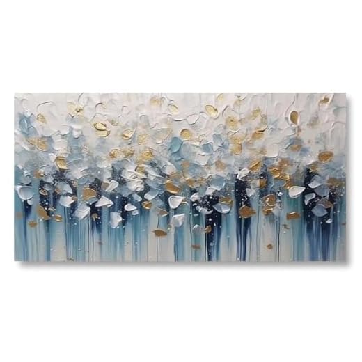 Abstrakte Bilder Leinwand 200x100 cm 1 Teilig Groß Bild auf Leinwand Wandbild Blau Weiß Gold Modern Kunstdruck Bilder Wanddeko Wohnzimmer Wanddekoration Leinwandbilder Ungerahmt