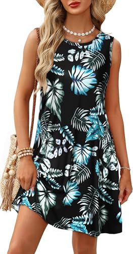 Image of elescat Women's Summer Dresses 2026 Beach Casual Sleeveless Floral Print Tank Loose Sundress with Pocket