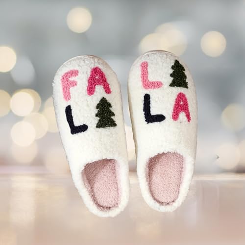 Christmas Fa La La La Slippers, Cozy Fluffy Slides, Comfortable Indoor Footwear, Holiday Cozy Slippers3