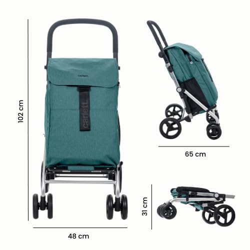 Diagram showing the dimensions of the Carlett Classic Family shopping cart: 102 cm height, 48 cm width, 65 cm depth when unfolded, and 31 cm height when folded.