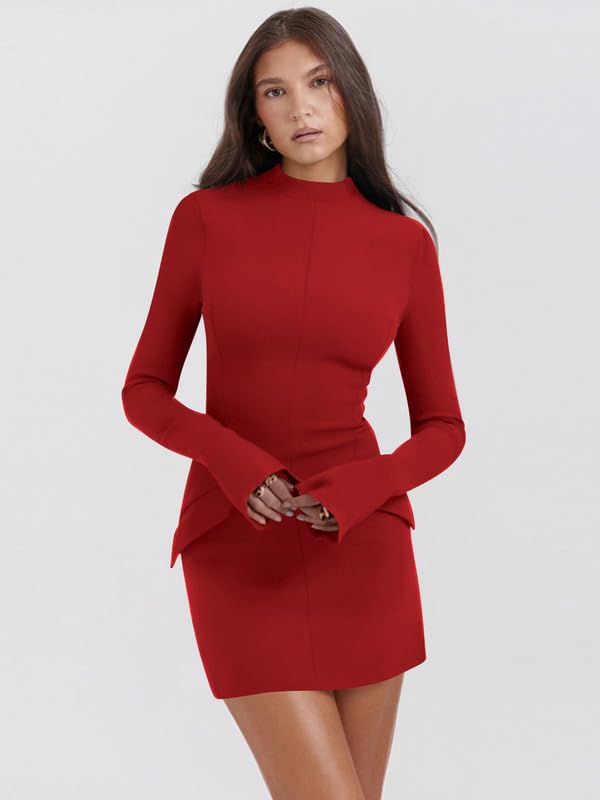 Haibang Robe Moulante à Manches Longues pour Femmes Sexy Mini Robe et Col Haut Élégante Robe Courte Y2k Bodycon Dress Chic Et Glamour pour Cocktail Party Fête Soirée Club Décontractée