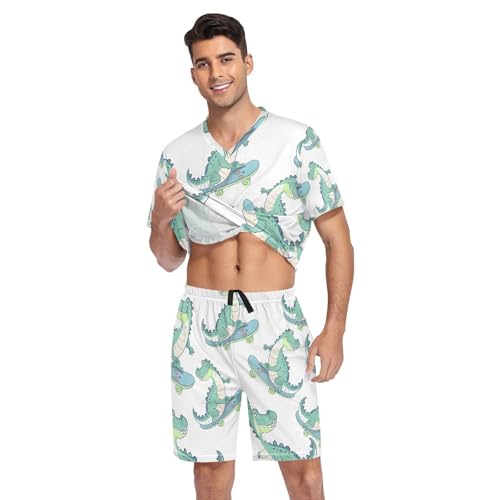 Men's Pajama Set Cartoon Crocodiles Pattern Short Sleeve with Shorts Pockets Sleepwear Set Summer Loungewear3