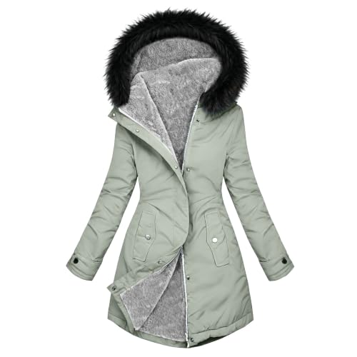 Pxfnnf Damen lang geschnittener flauschig gefütterter Parka mit Kapuze und Fellimitat Besatz taillierter Wintermantel Reiß‑ und Taschen warme langarm Mantel Jacke acke Outdoor Winterjacke