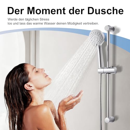 OFFO Duschschlauch mit Duschkopf, Wassersparend und Hochdruck, Handbrause mit 3 Strahlarten, Handbrause Rund, Duschbrause mit Antikalk-Funktion, Leicht zu Reinigen, Chrom