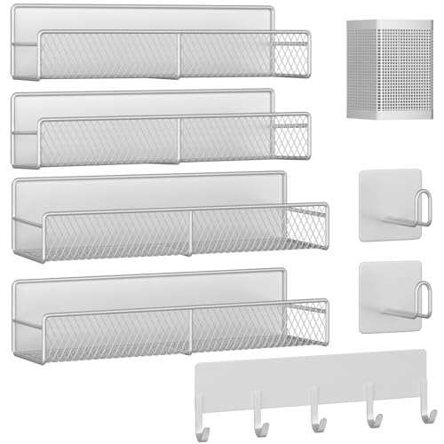 Magnetic Spice Rack for Refrigerator, 7 Pack 100% Metal Strong Magnet Shelves, Kitchen Spice Organizer W/Hook Rack, Paper Towel Holder, Utensils Caddy, Home Laundry Room Storage Organization (White)