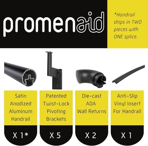 Promenaid Satin Black 4ft ADA Handrail Kit - Complete Indoor/Outdoor Stair Handrail - 1.6" Round Satin-Anodized Aluminum Railing with 3 Satin Black Painted Pivoting Brackets & ADA Wall Returns - 1