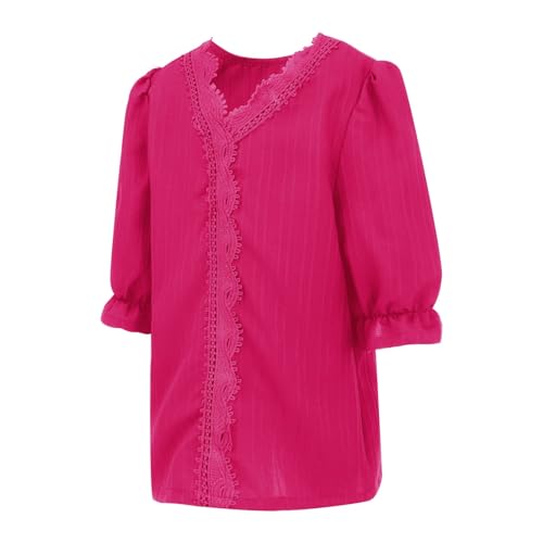 Girls V Neck Cotton Linen Shirts Puff Short Sleeve Blouses Tween Lace Trimmed Elegant Shirts Oversized Tunic Blouses3