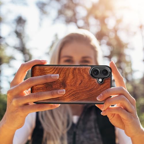 Image of Carveit Wood Case for iPhone 16 Plus, Natural Grain, Rosy | Magnetic iPhone 16 Plus Case Compatible with MagSafe Wireless Chargers, Engraved Wood with Soft TPU Shockproof Bumper