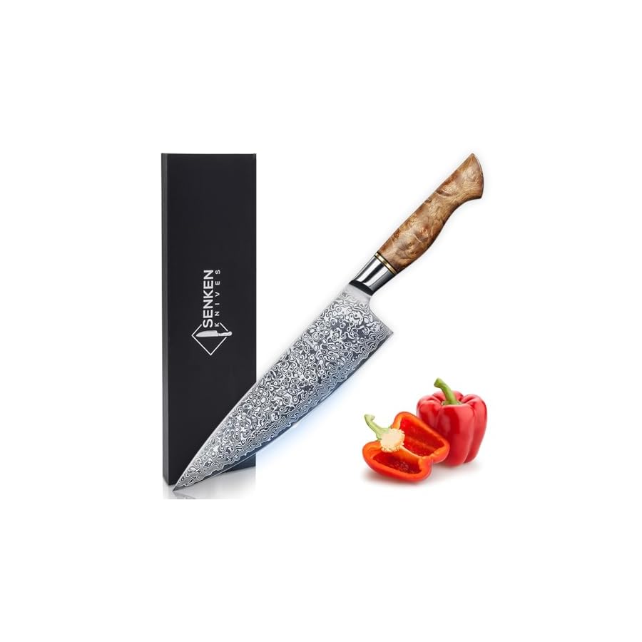 SENKEN-8-Damascus-Steel-Chefs-Knife-Dynasty-Collection-67-Layer-Japanese-VG10-Steel-with-Sycamore-Wood-Handle-Razor-Sharp-Double-Bevel-15-Edge SENKEN 8" Damascus Steel Chef's Knife - Dynasty Collection - 67-Layer Japanese VG10 Steel with Sycamore Wood Handle, Razor Sharp Double Bevel 15° Edge