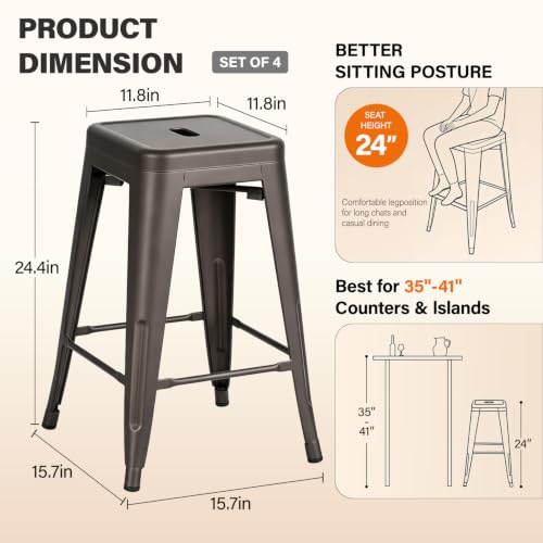 Image of FDW 24 inch Metal Counter Stools Set of 4, Stackable, Bronze | Heavy-duty steel frame | X-brace support | Stackable backless design | Kitchen island, patio and bar seating