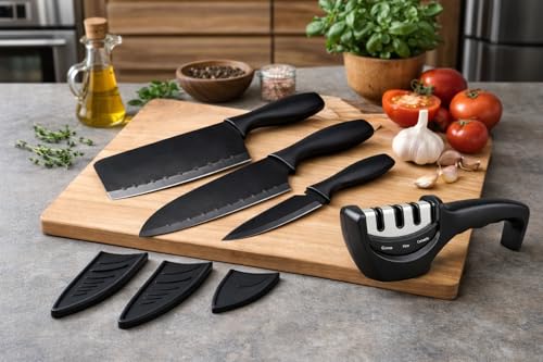 Image of 3 Kitchen Knife Set with Sharpener and Covers (3+1) Stainless Steel Black Coated Blade ABS Handle Anti-Rust Knives & Sharpener Combo for Home & Restaurant Use | Best Kitchen Knife Set