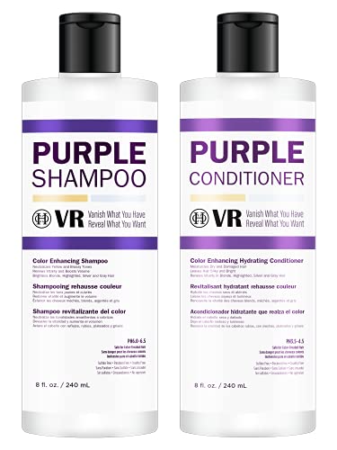 VR Purple Shampoo and Conditioner Duo Set for blonde, highlighted, silver, and gray hair, Neutralizes brassy, yellow, orange tones, Safe for color-treated hair (8 fl. oz. DUO)
