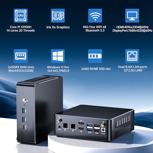Image of Mini PC, Desktop Computer Core i9-13900H, 14 Cores Upto 5.4GHz, Win-11 Pro, 32G DDR5, 1T M.2 PCIE4.0 SSD, Dual 2.5G LAN, DP /HDMI /USB4.0, USB3.2, Triple Display, 8K /4K@60Hz, WiFi6E /BT5.3, VESA