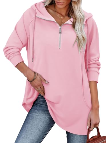 onlypuff Women Hoodie Pullover Trendy Quarter Zipper Lapel Sweatshirts Drawstring Cute Hooded Tunic Tops with Side Pockets