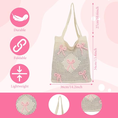 Cute Beach Bag, Mesh Knitted Bow Tote Bag, Bohemian Style, Sweet and Cute, Large Capacity, Suitable for Girls and Ladies Summer Beach Vacation2