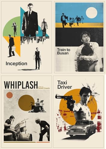 Image of ADIGRAFIX Set of 4 Aesthetic Grunge Minimalist Movie Posters - Whiplash, Inception, Train to Busan, Taxi Driver - Premium Wall Art Prints 9x12 Inches - Vintage Cinematic Decor for Home, Bedroom, Studio, Office - Unframed (Movie)