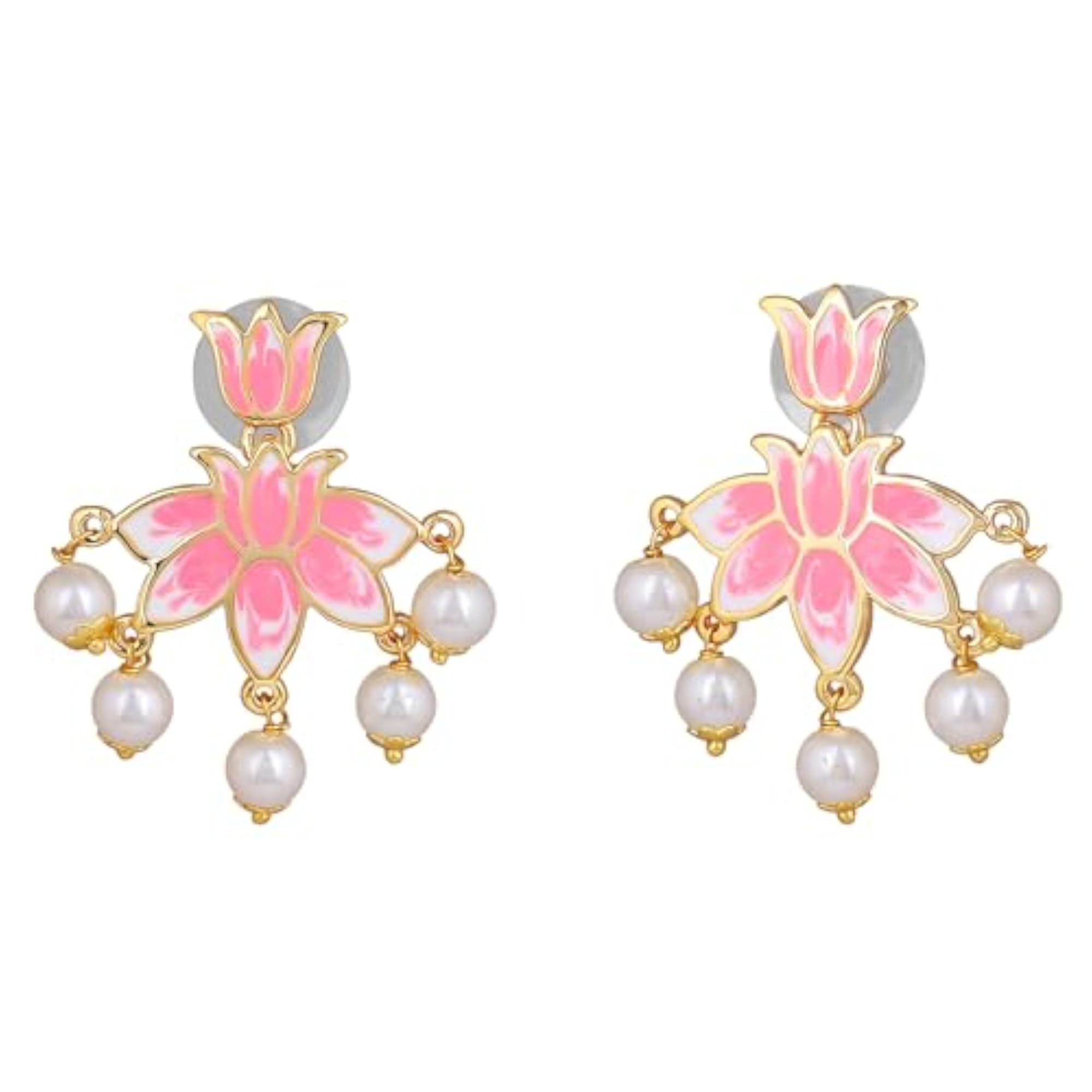 Lotus Pink Plated Earrings with Pearl Drop
