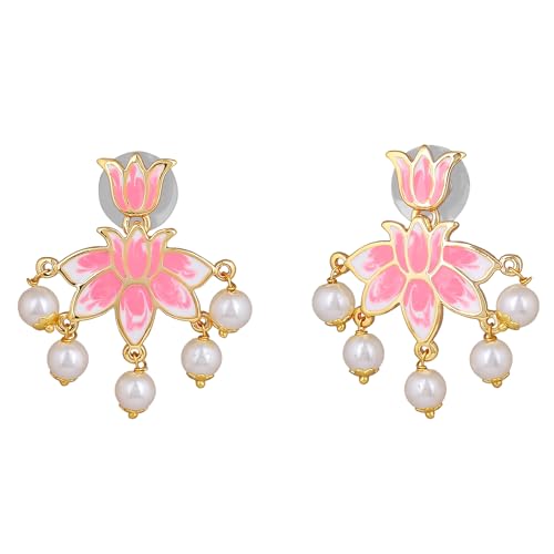 Lotus Pink Plated Earrings with Pearl Drop