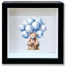 Baby Saving Money Shadow Box Frame, Boy Piggy Bank Box with Slot, Blue Balloon Bear Keepsake Memory Box, Fund Money Box Birthday Gifts for Kids Children, Boys Room Decorative Wooden Money Box -24
