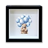 Baby Saving Money Shadow Box Frame, Boy Piggy Bank Box with Slot, Blue Balloon Bear Keepsake Memory Box, Fund Money Box Birthday Gifts for Kids Children, Boys Room Decorative Wooden Money Box -24