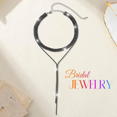 Atigy Silberne Halskette mit Strasssteinen Kristall Choker Halsketten lange funkelnde Halskette Schmuck für Damen (Schwarz)