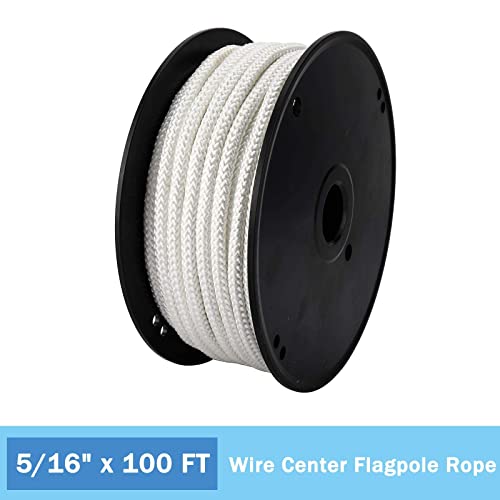 Artilife 5/16"(8Mm) X 100 Ft(30M) Wire Center Flagpole Rope, Braided Polyester Line With Steel Center Marine Grade Flag Pole Halyard Rope #TOP2