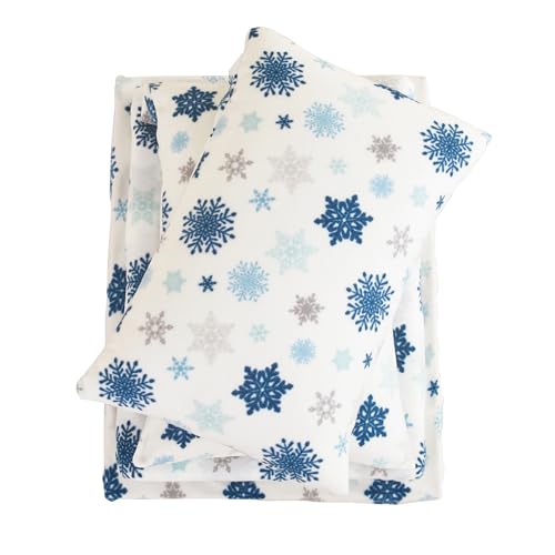 Viviland Micro Fleece Full Bed Sheet Set, Christmas Holiday Fuzzy Polar Fleece Fitted Sheets with 15" Deep Pocket, Snowflake Printed Winter Velour Velvet Sheets & Pillowcase Set