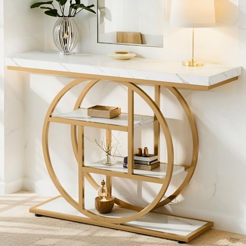 Tavolo consolle con base circolare, tavolo da ingresso stretto, 105 x 30 x 80 cm, ripiano portaoggetti a 4 livelli, tavolo per divano in stile industriale, per corridoio e fattoria, oro e bianco (oro)