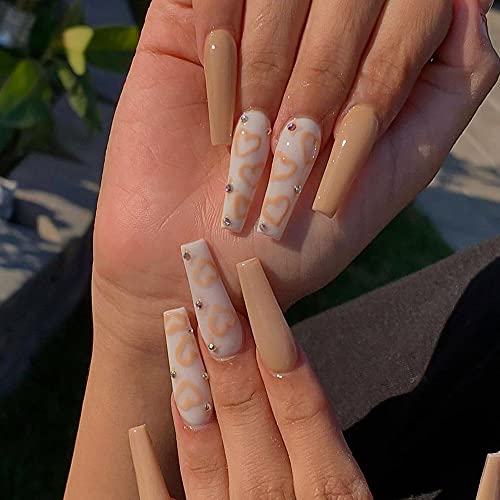 Feilisa Extra Long Press on Nails Acrylic Fake Coffin Nails Tips Rhinestone Nails LOVE Style Design Nude Full Cover False Nail Tips -24 pcs