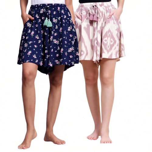 Image of B STORIES Women's Viscose Printed Lounge Culotte Shorts (Pack of 2)