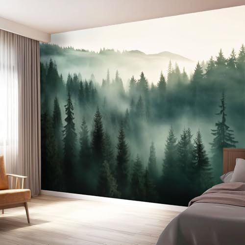 Papel Pintado Pared Bosque Misterioso Montañas Niebla, Verde Mural Autoadhesivo 200 x 140 cm（WxH Adhesivo Muebles Autoadhesivo Papeles Pintados Dormitorio Baño para Dormitorio Salón Pasillo