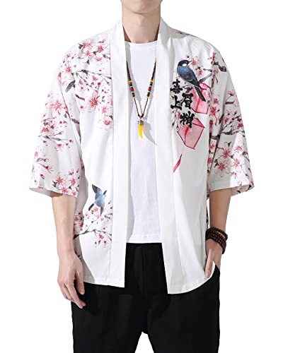 Image of PRIJOUHE Men's Lightweight Kimono Jacket Seven Sleeve Open Front Cardigan Coat Japanese Style Bathrobe
