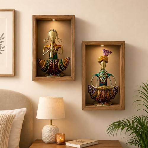 Image of Rajasthani Couple Musician Figurines Set of 2 Handcrafted Traditional Indian Art Showpiece | Decorative Table Decor for Home, Living Room, Office & Shelf Styling