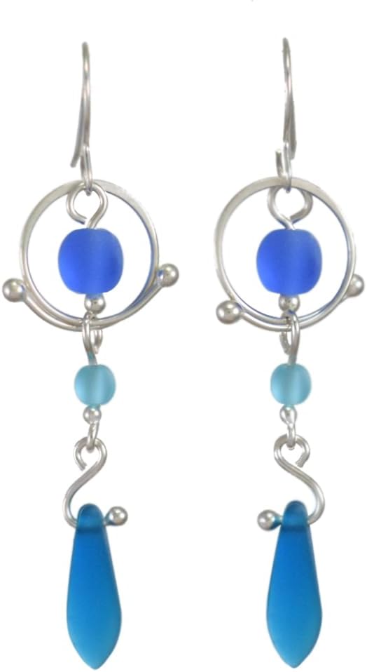 American Made Recycled Glass and Sterling Silver Bubble Dot Earrings, 2", Shades of Blue