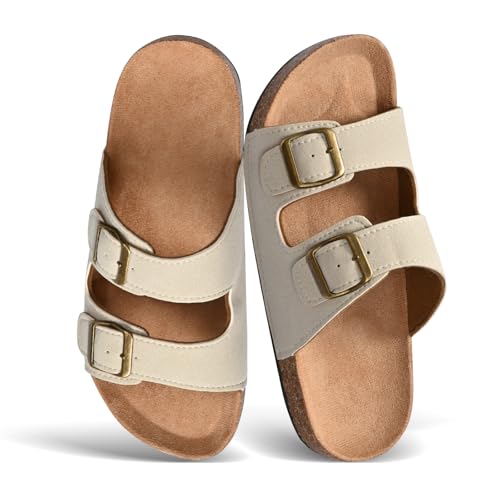 Unisex Cork Footbed Sandals with Arch Support, Adjustable Buckle Summer Outdoor Slides for Men & Women, Shock-Absorbing Non-Slip Sole, Black/Dark Brown/Off White