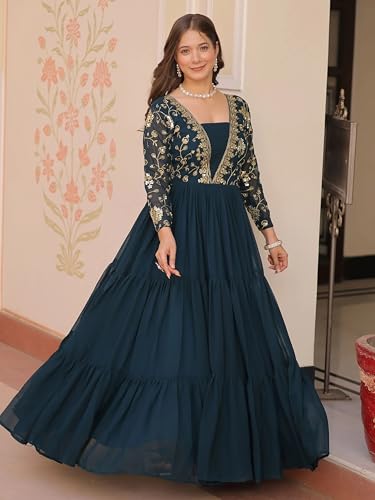 Image of FOXDX Womens Faux Georgette Sequence Embroidered Ankle Length Anarkali Gown for Women| Festival | Trending |