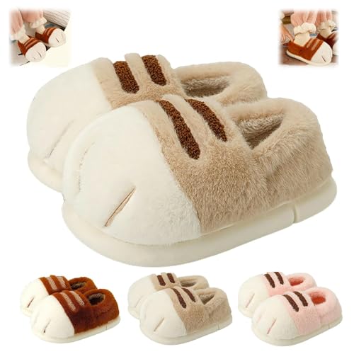 AMOUSDRDR Katzenpfoten-Hausschuhe, lustige Katzenfüße-Hausschuhe, warme, gemütliche, pelzige Tierpfoten-Hausschuhe, Katzen-Thema-Geschenke für Frauen, Mädchen, Männer (Khaki, 34-35)